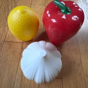 Three Hutzler Food Savers/Keepers (Garlic, Red Bell Pepper & Lemon)